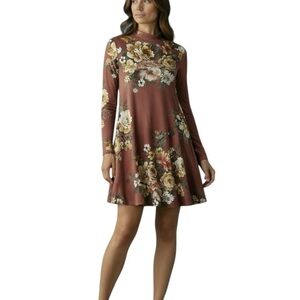BOMBOM Floral Mock Neck Flare Dress Dusty Rose Pink + Multi M